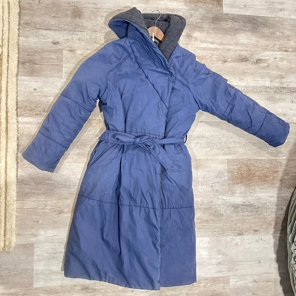 Free People Navy and Charcoal Hooded Poplin Blanket Coat